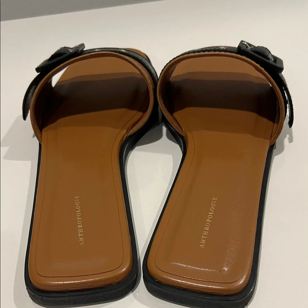 NEW Anthropologie Women’s Leather Tan and Black Buckle Slide Sandals size US 8.5 - Picture 5 of 8